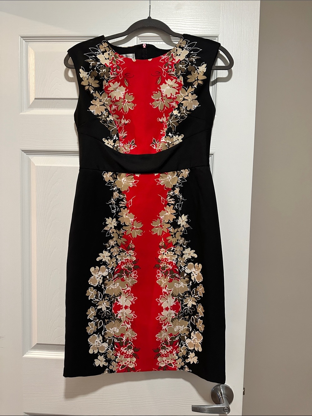 London Times Black Dress with Red Floral Center Panel